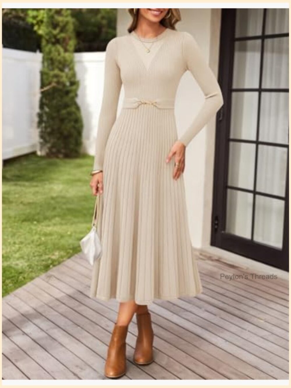 Long Sleeve Midi Sweater Dress Crewneck Knit A Line Pleated Flowy with Belt - Picture 3 of 7